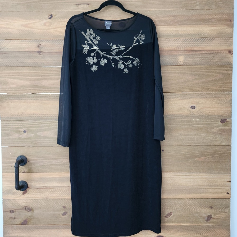 Chico's Travelers black dress long‎ mesh sleeves gold flowers womens size 2 (L)